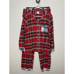 Lands End Women's Sz L Red Black Plaid Cotton Flannel Pajama Pant Shirt Set